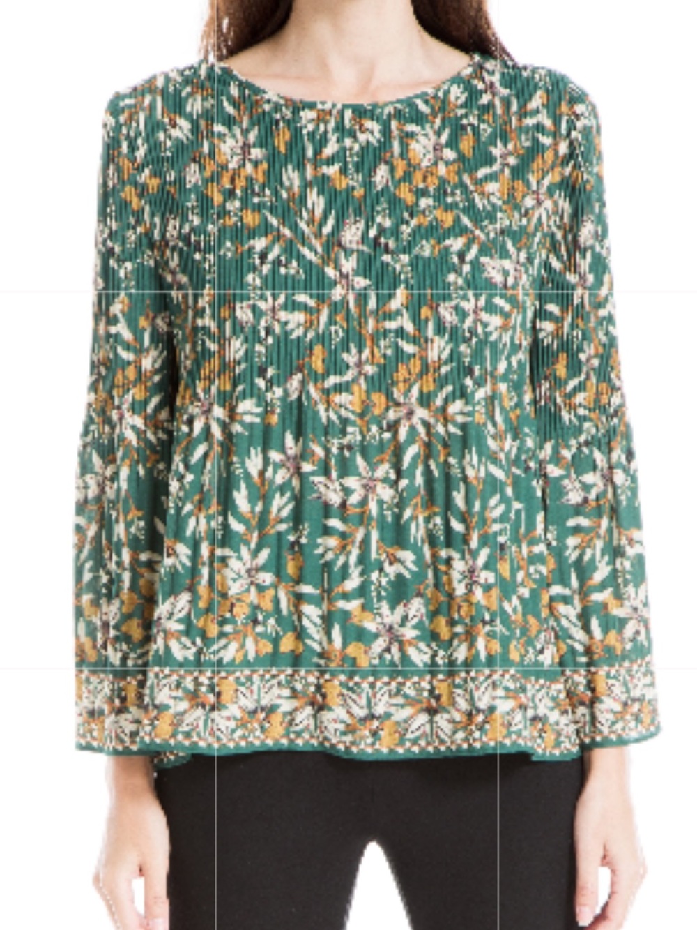 Max Studio Crepe Pleated Blouse Green Multi Size Small